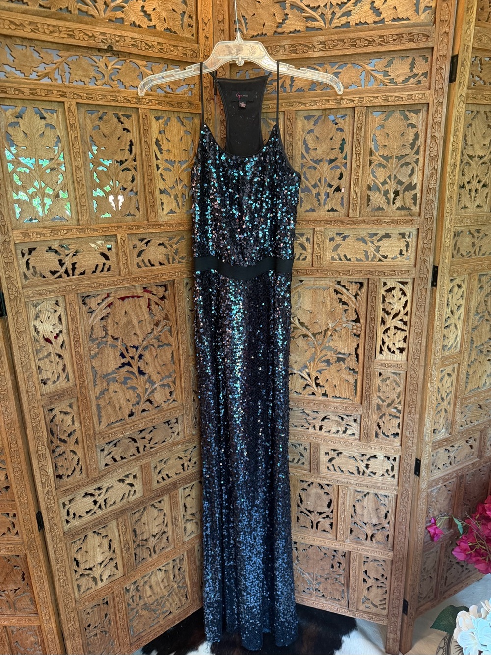 Aqua Black Sequin Maxi Dress with Iridescent Teal Sheen